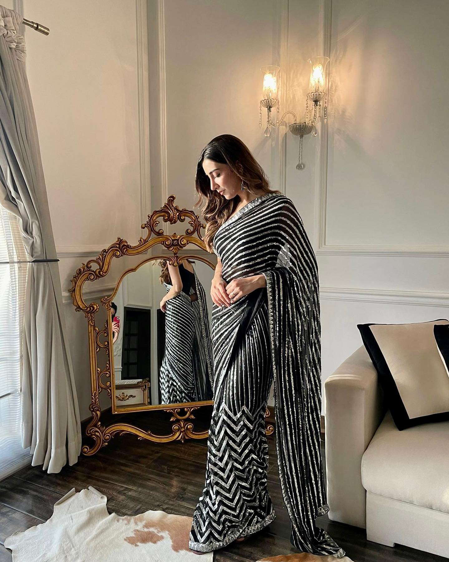 Black Georgette Saree with Embroidery Sequence Lace Work and Piping