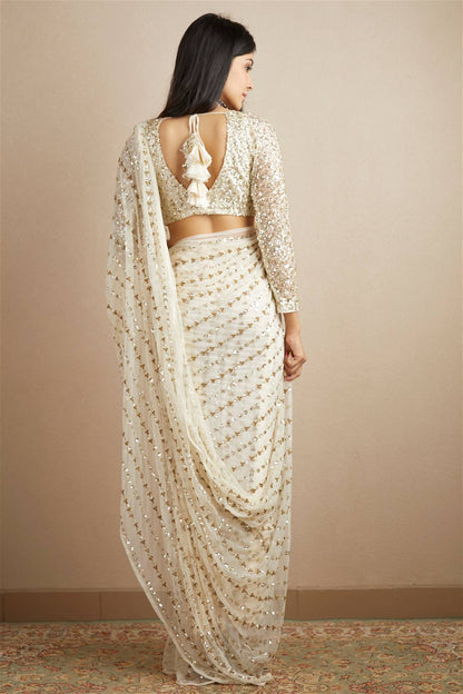 White Fox Georgette Saree with Embroidery Sequence and Piping
