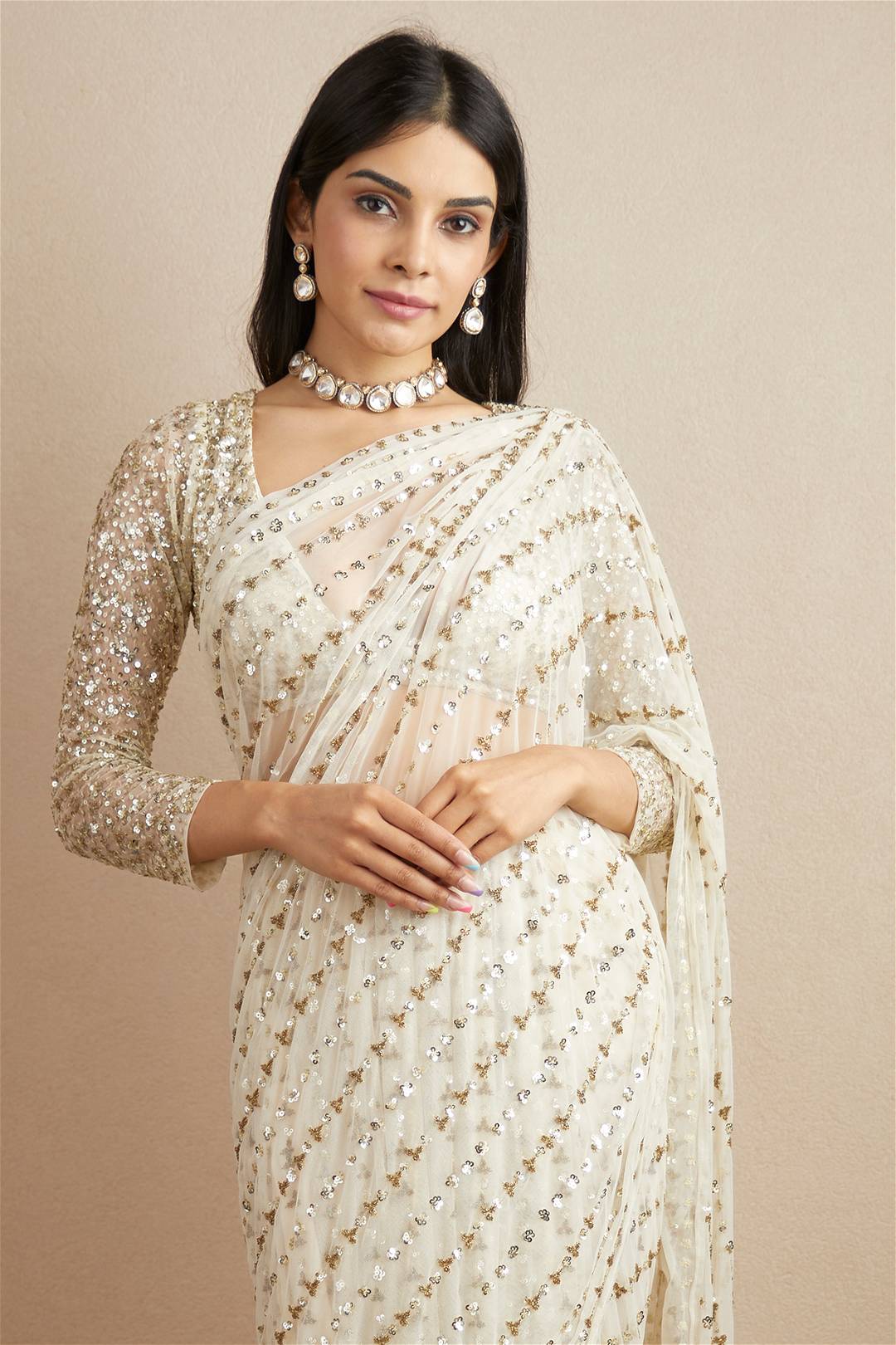 White Fox Georgette Saree with Embroidery Sequence and Piping – Available
