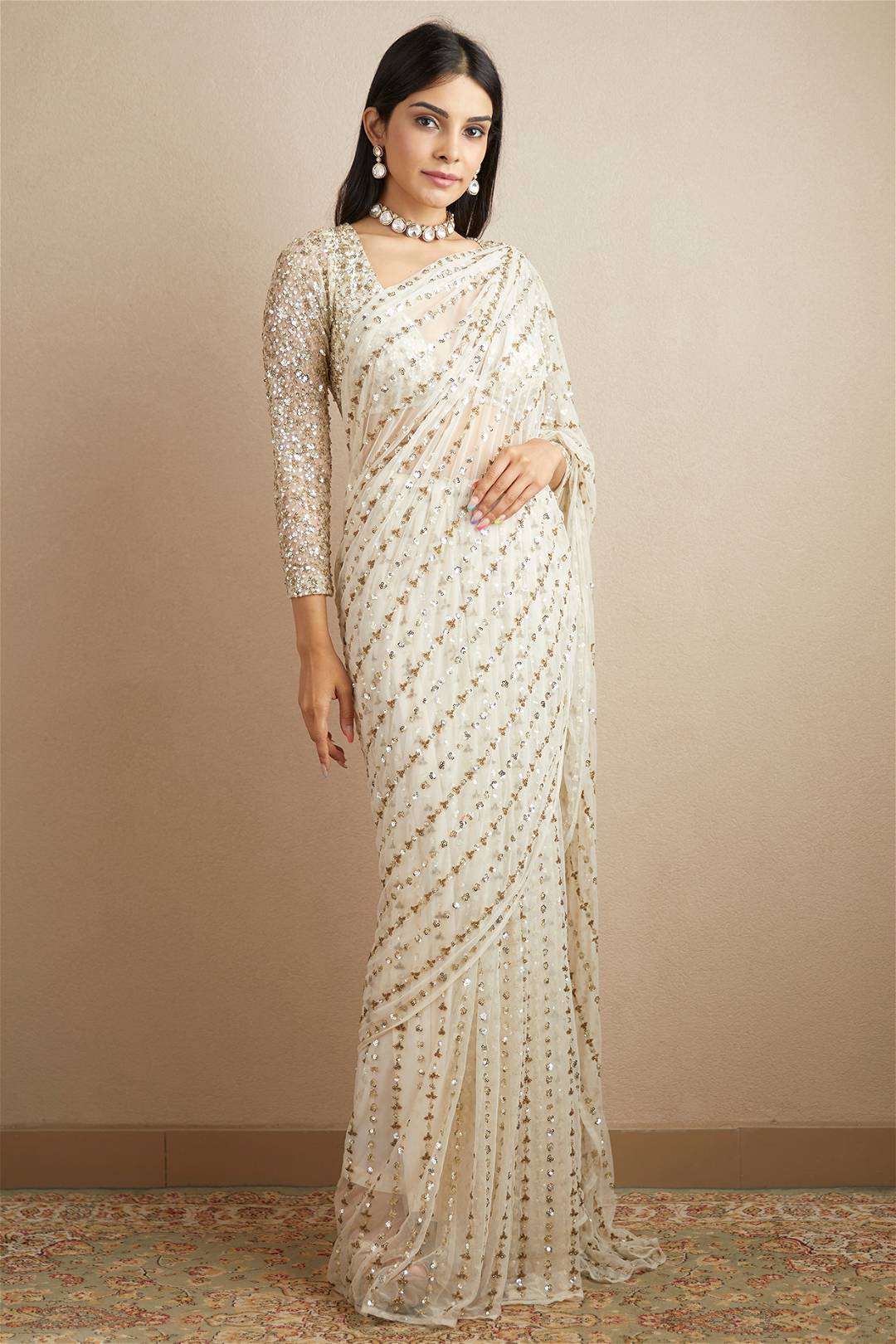 White Fox Georgette Saree with Embroidery Sequence and Piping