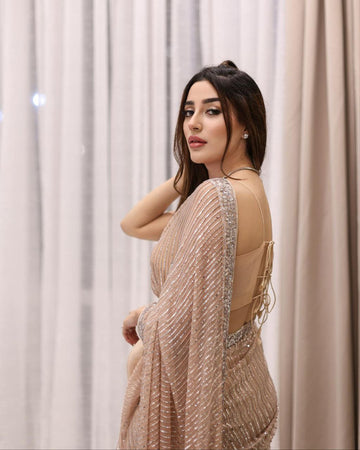 Red Georgette Saree with Embroidery and Sequence Lace Border – Available