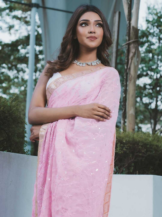 Light Pink Georgette Saree with Embroidery and Lace Work – Available