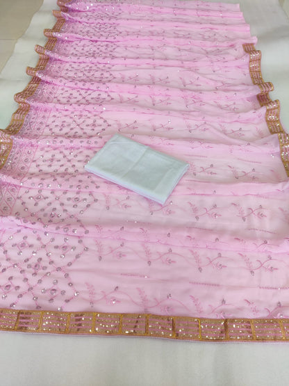 Light Pink Georgette Saree with Embroidery Sequence and Lace