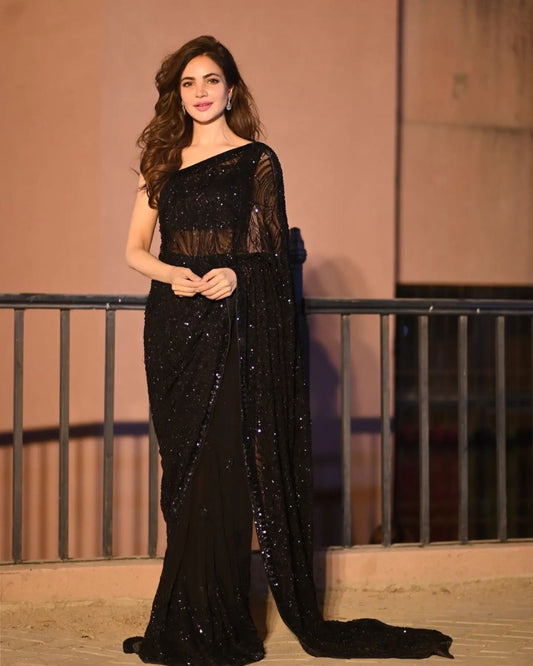 Black Georgette Saree with Embroidery Sequence and Lace