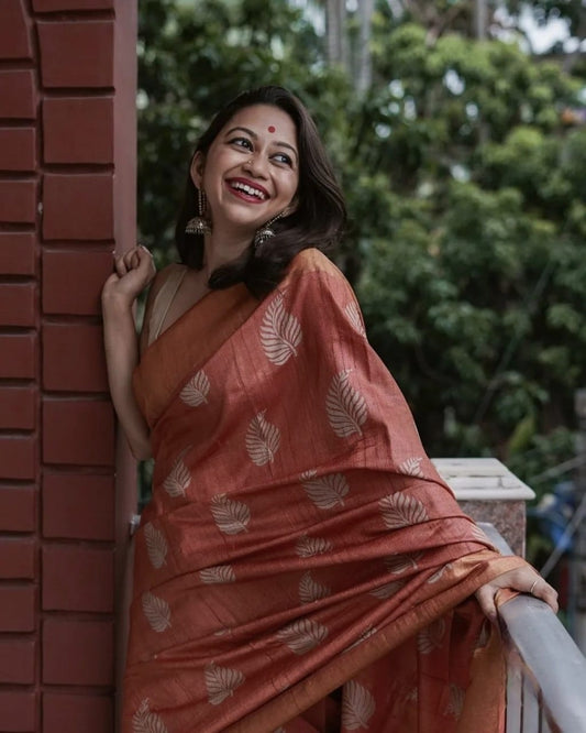 Reddish Brown Banarasi Soft Silk Saree with Copper Jari Weaving