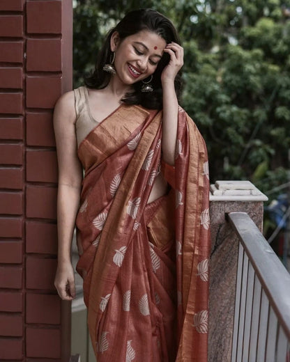Reddish Brown Banarasi Soft Silk Saree with Copper Jari Weaving