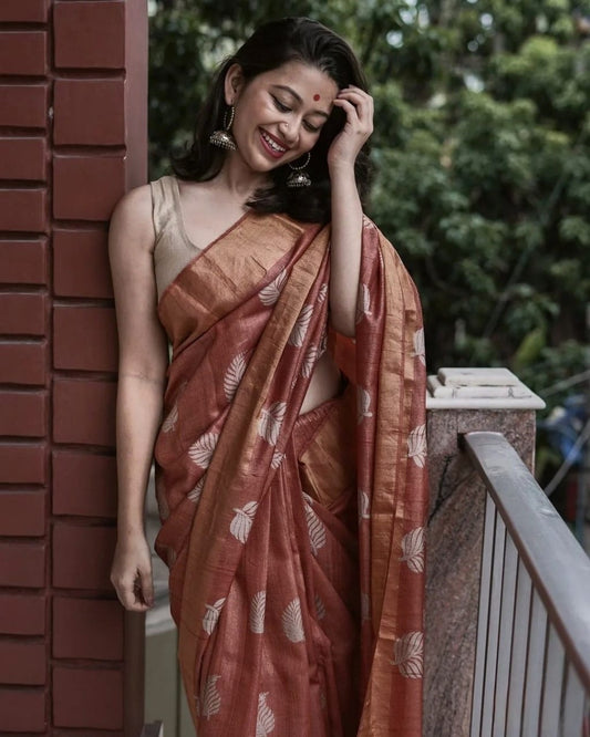 Reddish Brown Banarasi Soft Silk Saree with Copper Jari Weaving