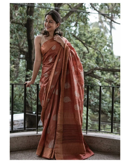 Reddish Brown Banarasi Soft Silk Saree with Copper Jari Weaving
