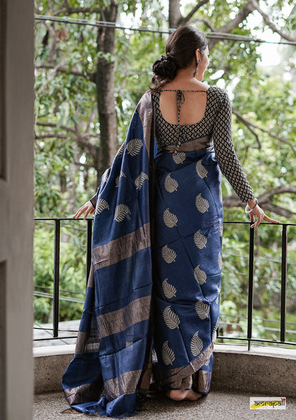 Dark Blue Banarasi Soft Silk Saree with Copper Jari Weaving