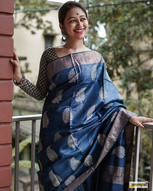 Dark Blue Banarasi Soft Silk Saree with Copper Jari Weaving