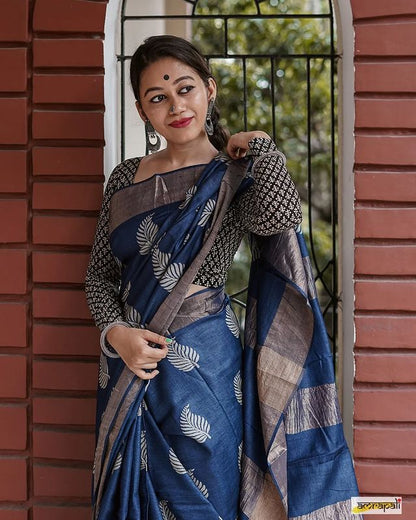 Dark Blue Banarasi Soft Silk Saree with Copper Jari Weaving