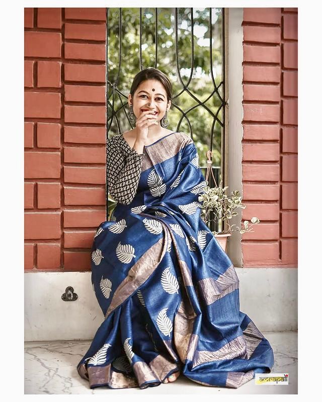 Dark Blue Banarasi Soft Silk Saree with Copper Jari Weaving