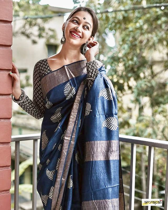 Dark Blue Banarasi Soft Silk Saree with Copper Jari Weaving