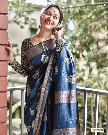 Dark Blue Banarasi Soft Silk Saree with Copper Jari Weaving
