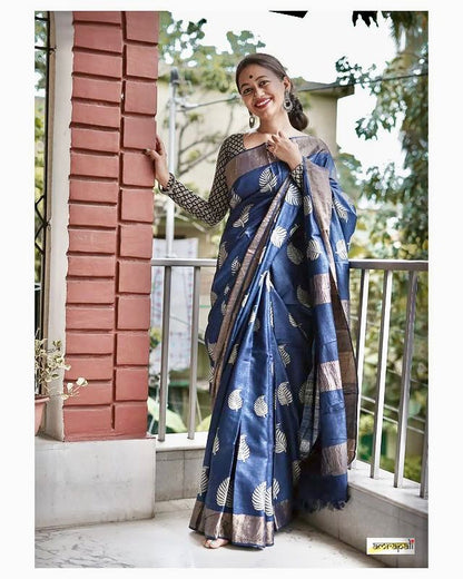 Dark Blue Banarasi Soft Silk Saree with Copper Jari Weaving