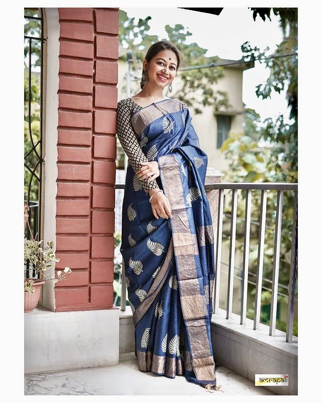 Dark Blue Banarasi Soft Silk Saree with Copper Jari Weaving