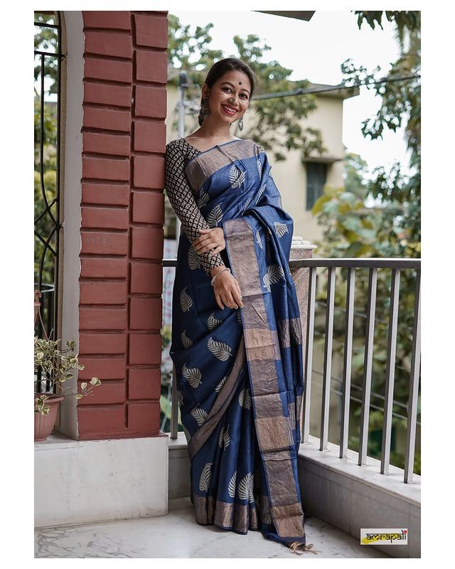 Dark Blue Banarasi Soft Silk Saree with Copper Jari Weaving