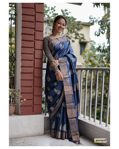 Dark Blue Banarasi Soft Silk Saree with Copper Jari Weaving