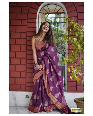 Purple Banarasi Soft Silk Saree with Copper Jari Weaving