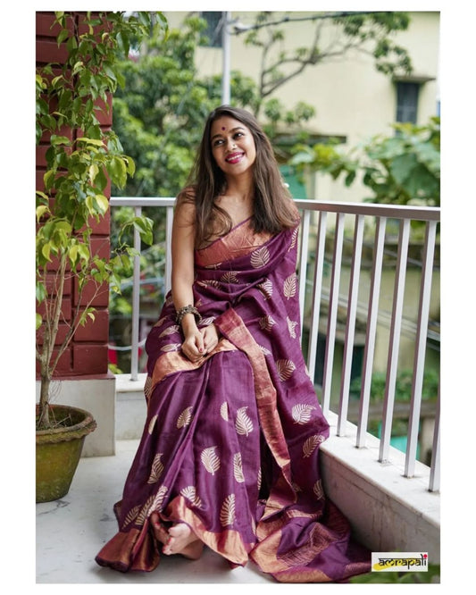 Purple Banarasi Soft Silk Saree with Copper Jari Weaving