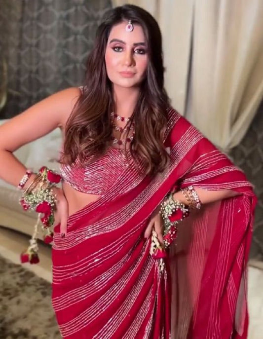 Red Georgette Saree with Heavy Sequence on Pallu and Skirt – Available