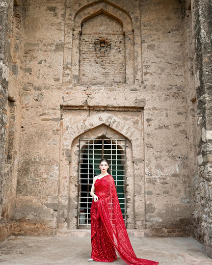 Red Georgette Saree with Embroidery Work Sequence Lace and Piping