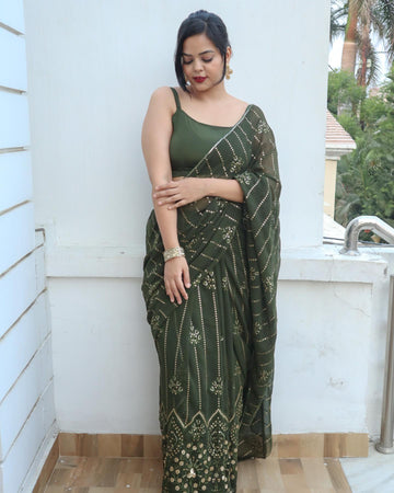 Dark Green Georgette Saree with Embroidery and Piping Lace – Available