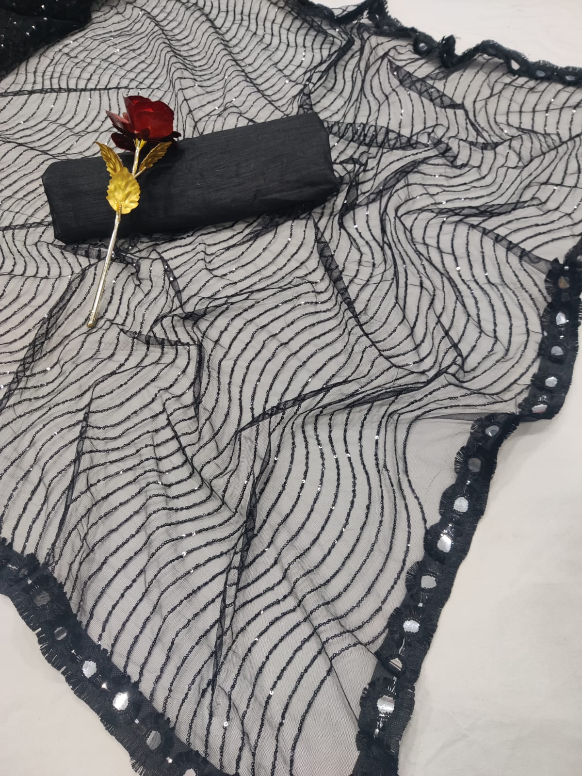 Black Heavy Net Saree with 3mm Sequins and Mirror Lace Border