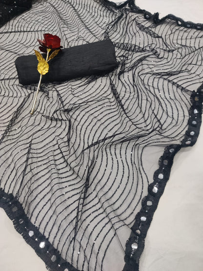 Black Heavy Net Saree with 3mm Sequins and Mirror Lace Border