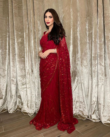 Red Georgette Saree with Embroidery Sequence Lace and Piping – Available