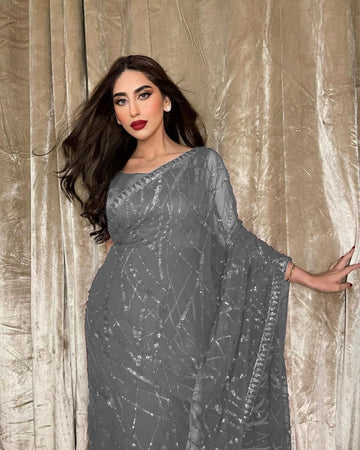 Gray Georgette Saree with Embroidery Sequence Lace and Piping – Available