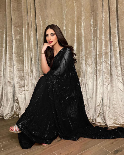 Black Georgette Saree with Embroidery Sequence Lace and Piping