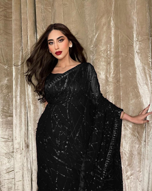 Black Georgette Saree with Embroidery Sequence Lace and Piping – Available