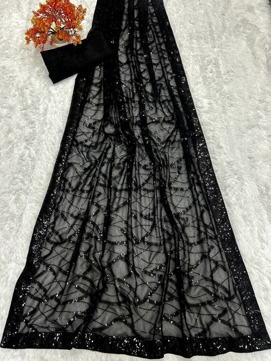 Black Georgette Saree with Embroidery Sequence Lace and Piping