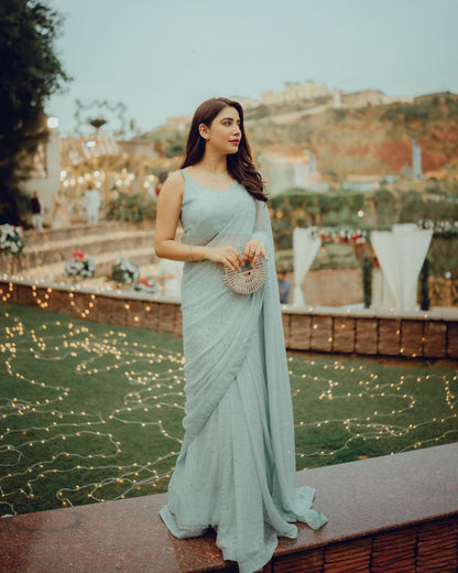 Pastel Blue Georgette Saree with Heavy Sirosky Work and Support Lace
