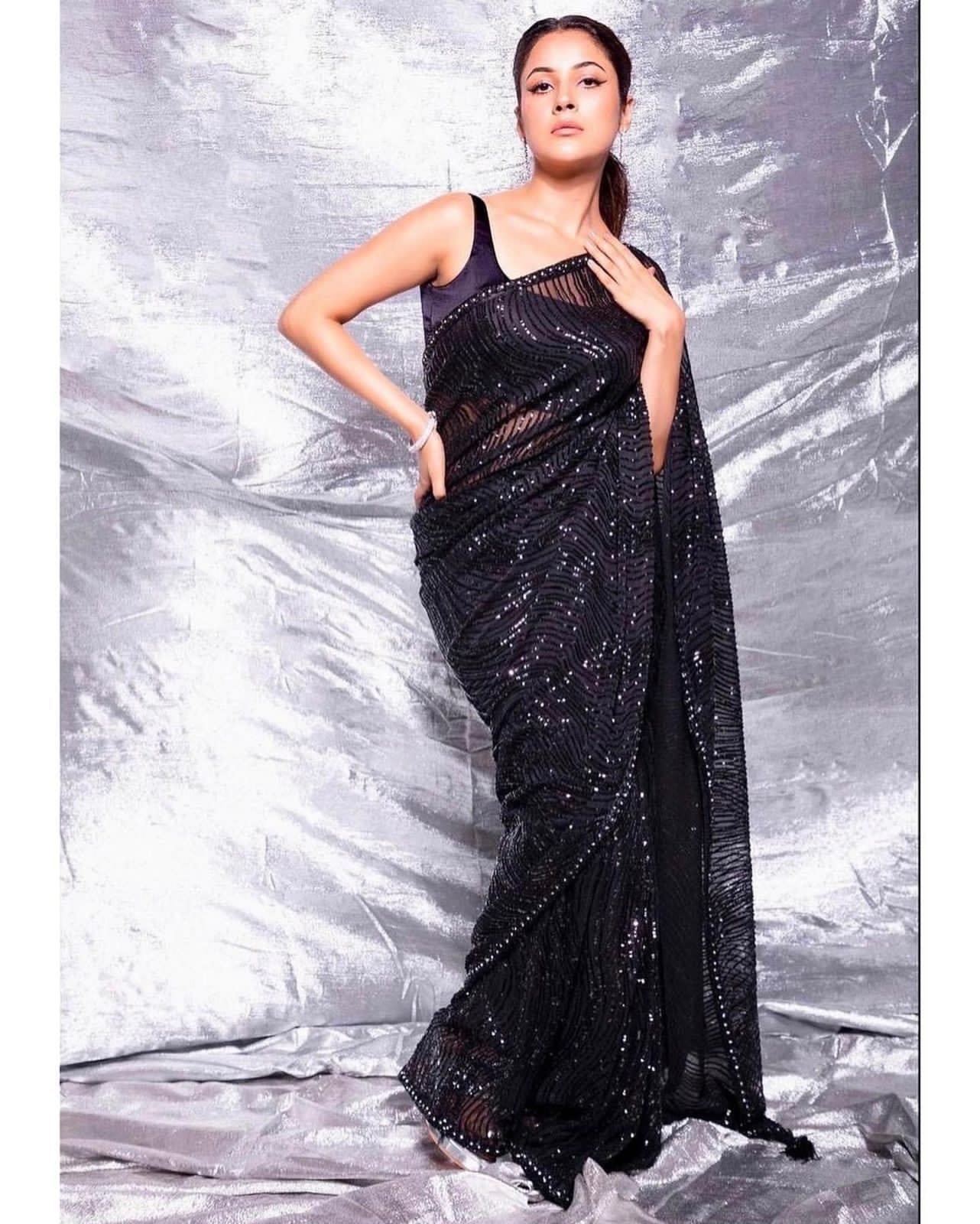 Black Heavy Net Saree with 3mm Sequins and Mirror Lace Border