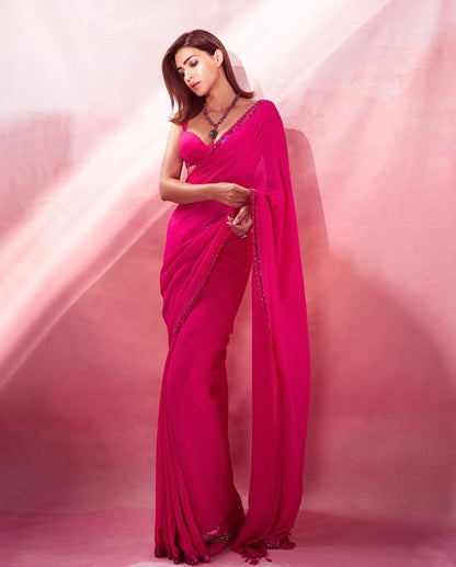 Rani Pink Georgette Saree with Embroidery Lace and Cutwork – Available