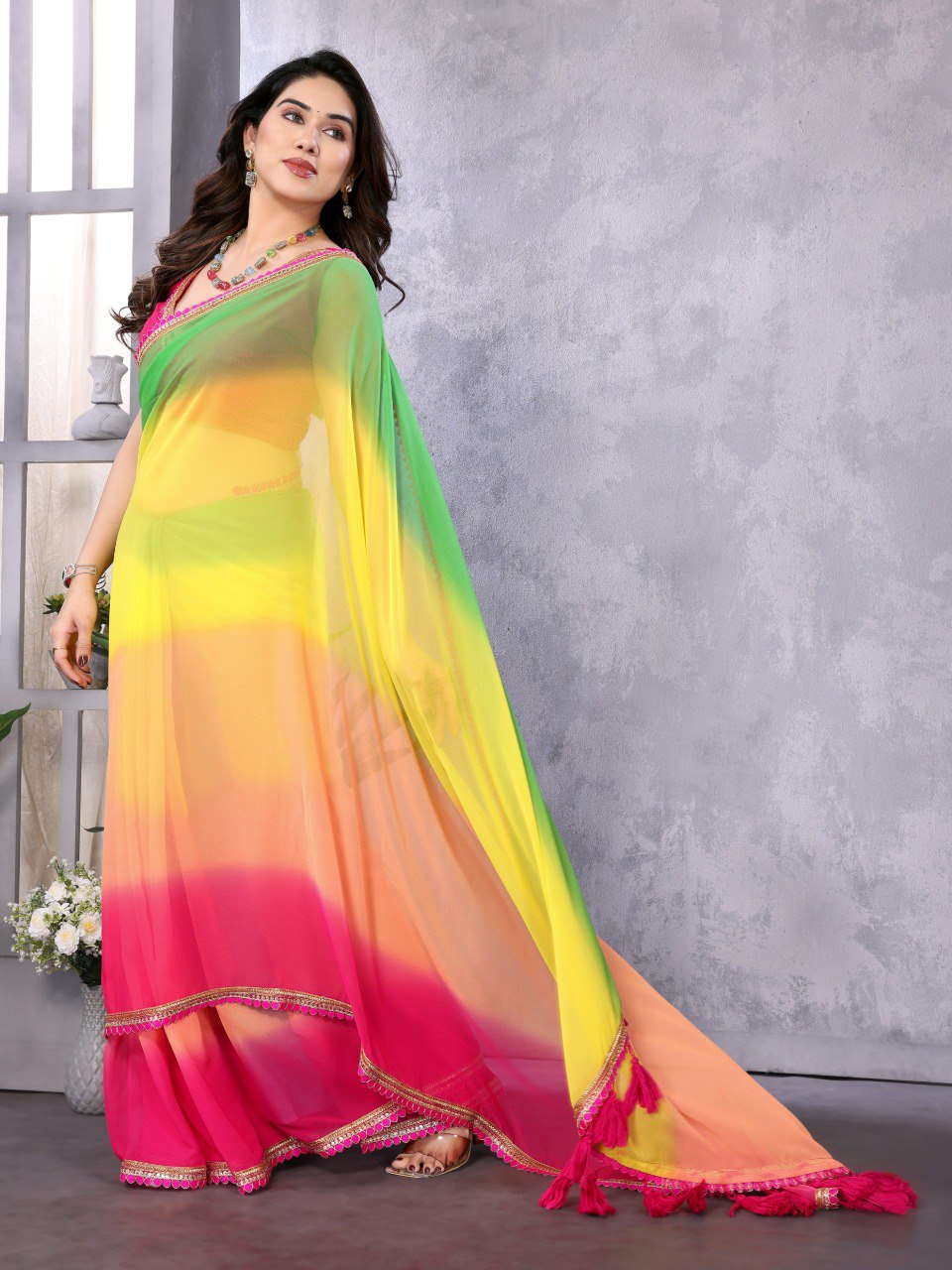 "Pink-Brown-Yellow Faux Peding Saree with Cording Lace and Pompoms – Available"