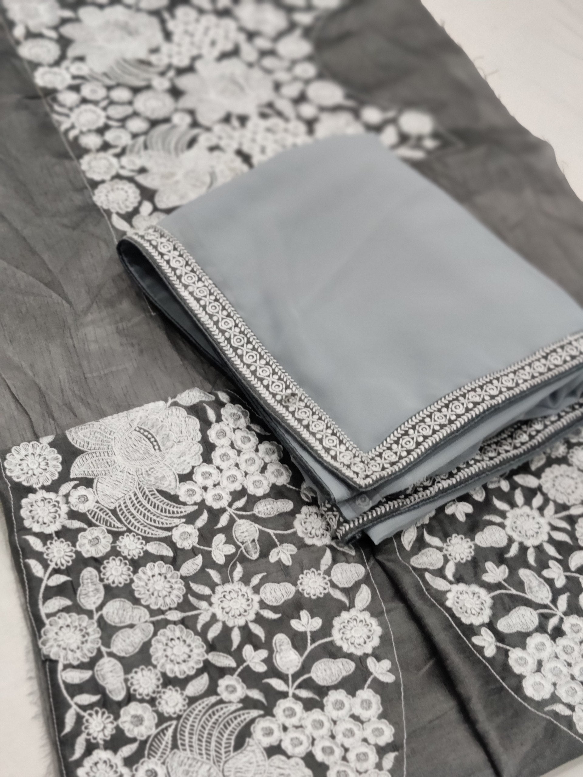 Grey Georgette Saree with Embroidery Lace and Heavy Mono Silk Blouse – Available