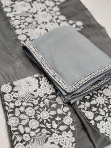 Grey Georgette Saree with Embroidery Lace and Heavy Mono Silk Blouse – Available