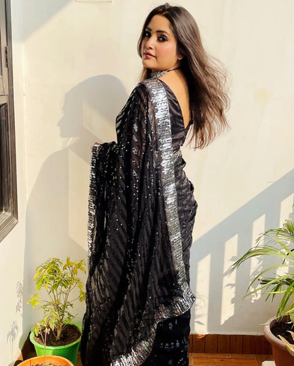 Black Georgette Saree with Sequence Work and Sequence Lace