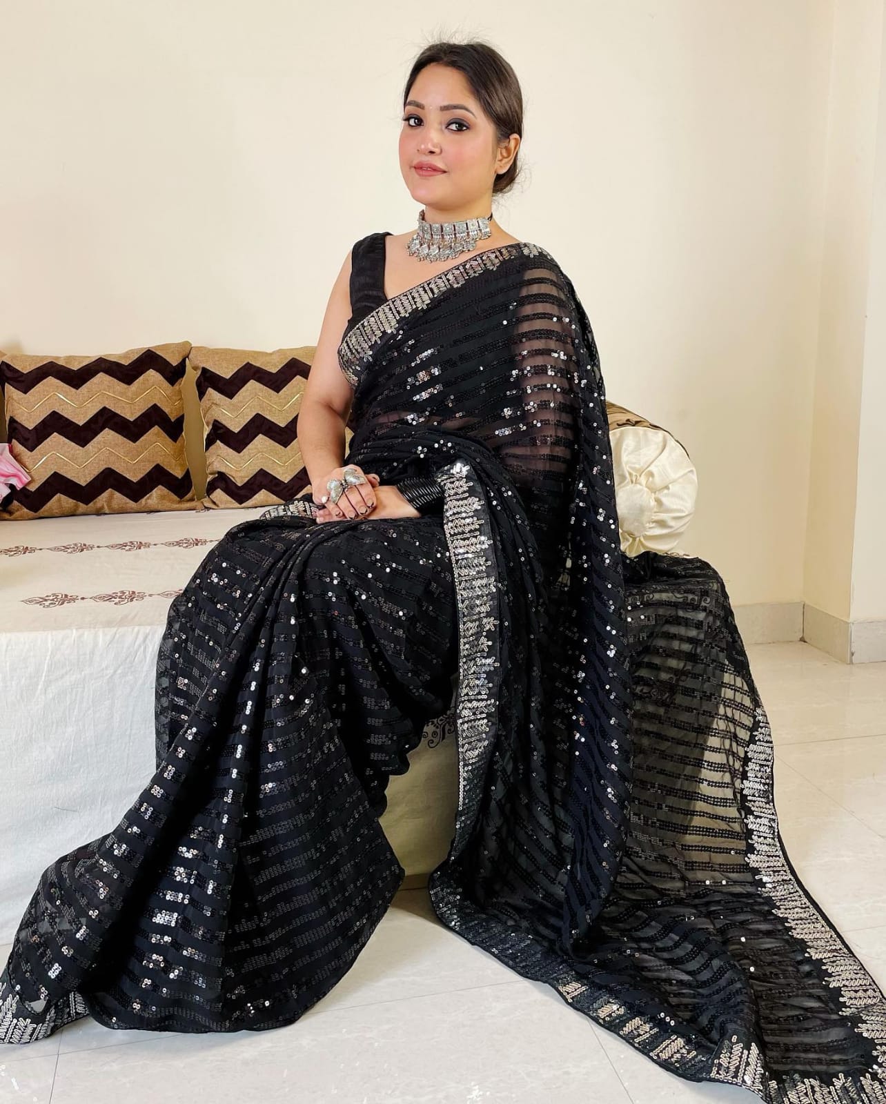 Black Georgette Saree with Sequence Work and Sequence Lace