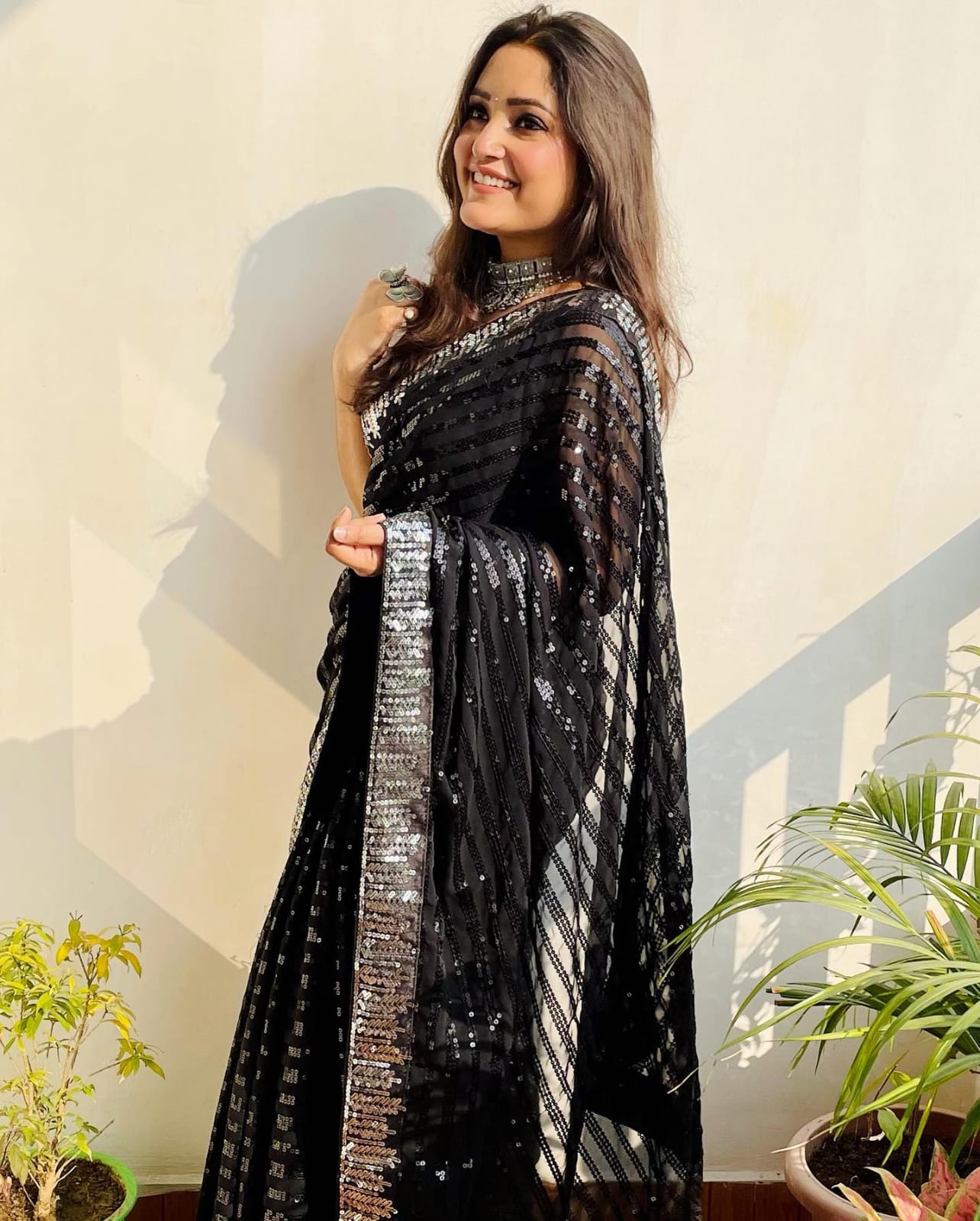 Black Georgette Saree with Sequence Work and Sequence Lace