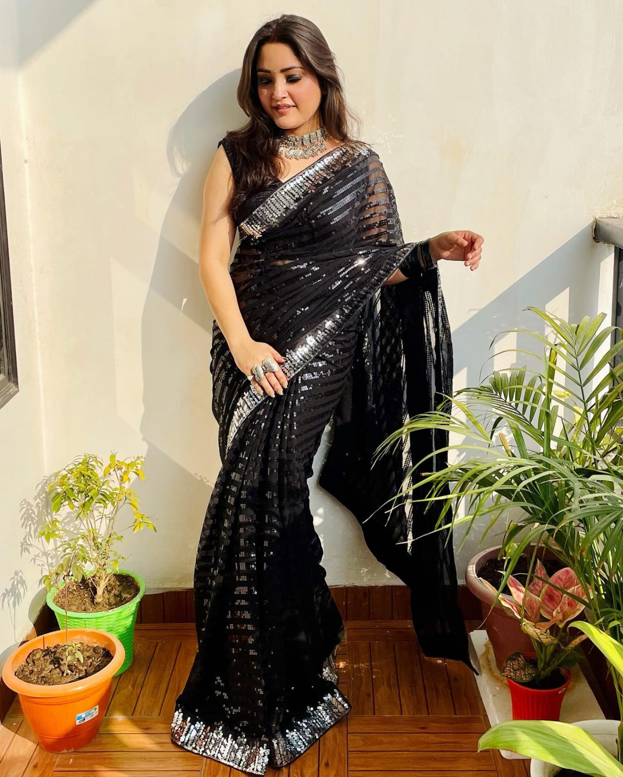 Black Georgette Saree with Sparkling Sequence Work and Matching Lace – Available