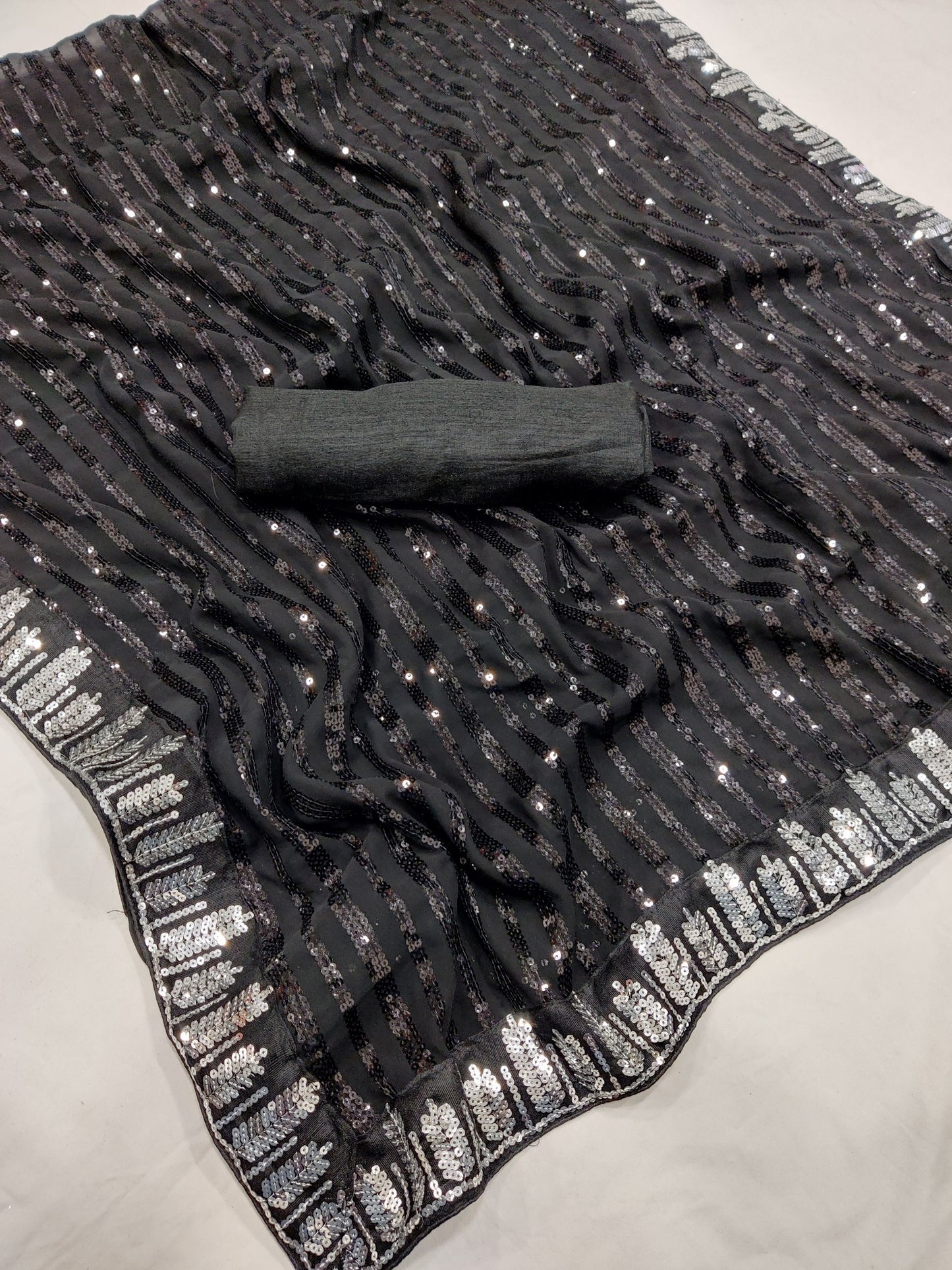 Black Georgette Saree with Sequence Work and Sequence Lace
