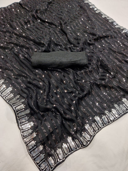 Black Georgette Saree with Sequence Work and Sequence Lace
