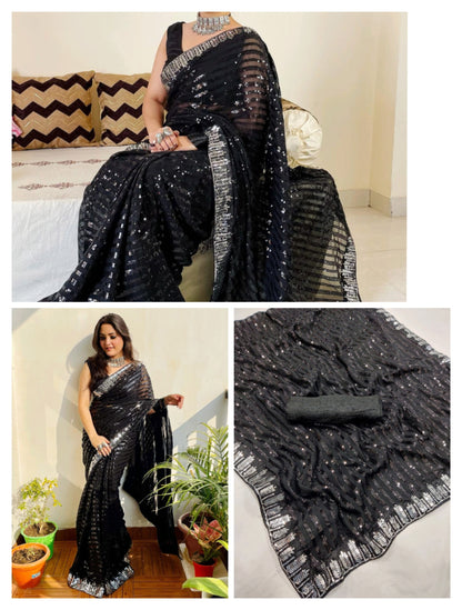 Black Georgette Saree with Sequence Work and Sequence Lace