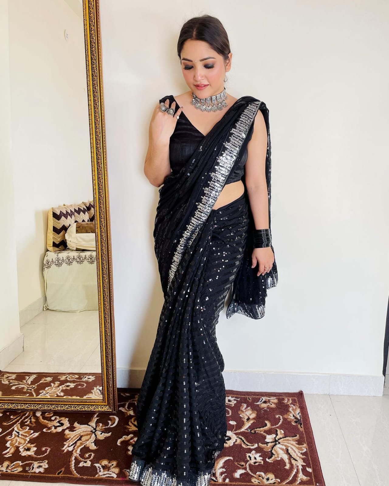 Black Georgette Saree with Sequence Work and Sequence Lace