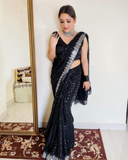 Black Georgette Saree with Sequence Work and Sequence Lace