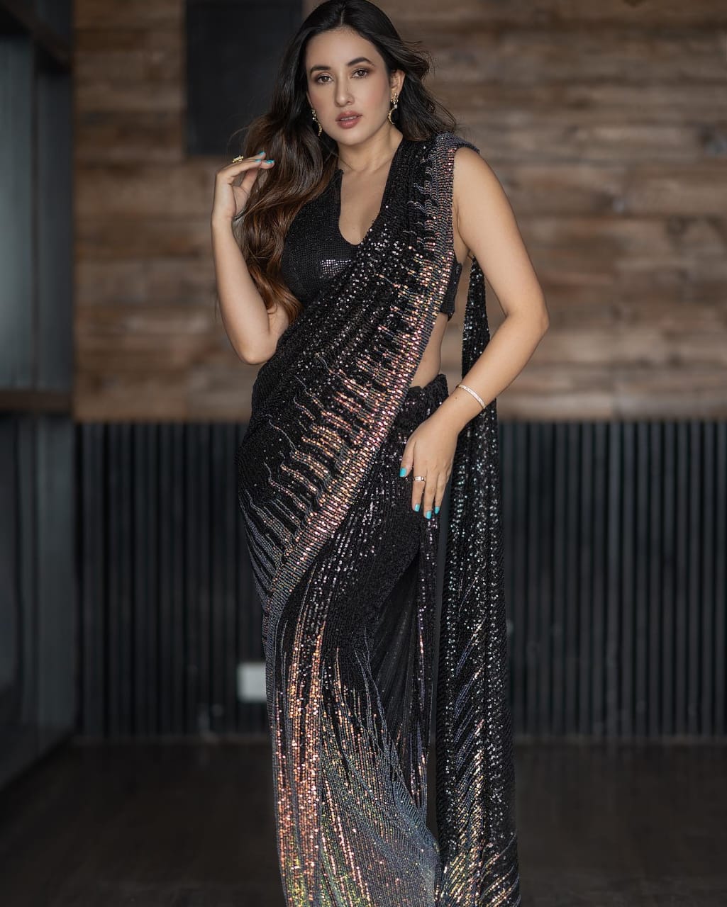 Black Georgette Saree with All Over Sequins and Elegant Piping Lace – Available